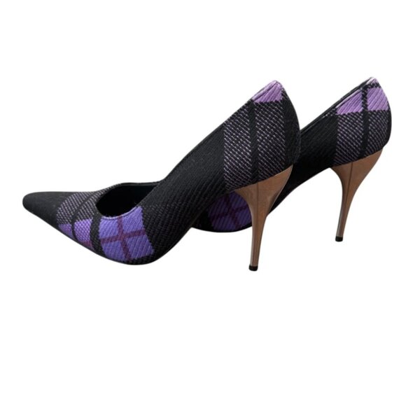 Versace Purple & Black Plaid Tweed Pumps. Size 8.5 (38.5) - Picture 5 of 5